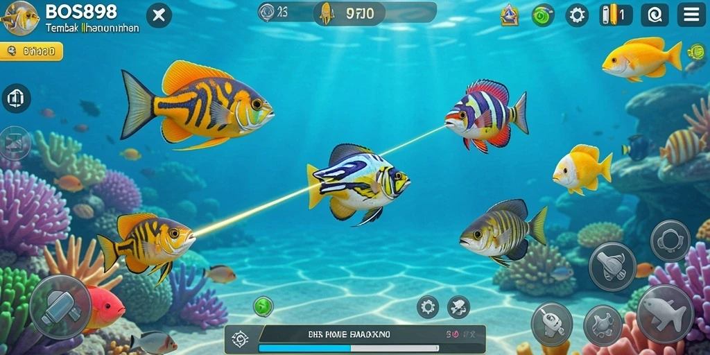 Tampilan gameplay BOS898 menampilkan keseruan menangkap ikan dan berbagai senjata yang digunakan.