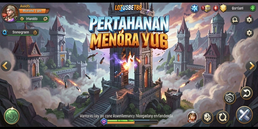 Tampilan gameplay LOTUSBET88 dengan strategi menara yang mendebarkan.