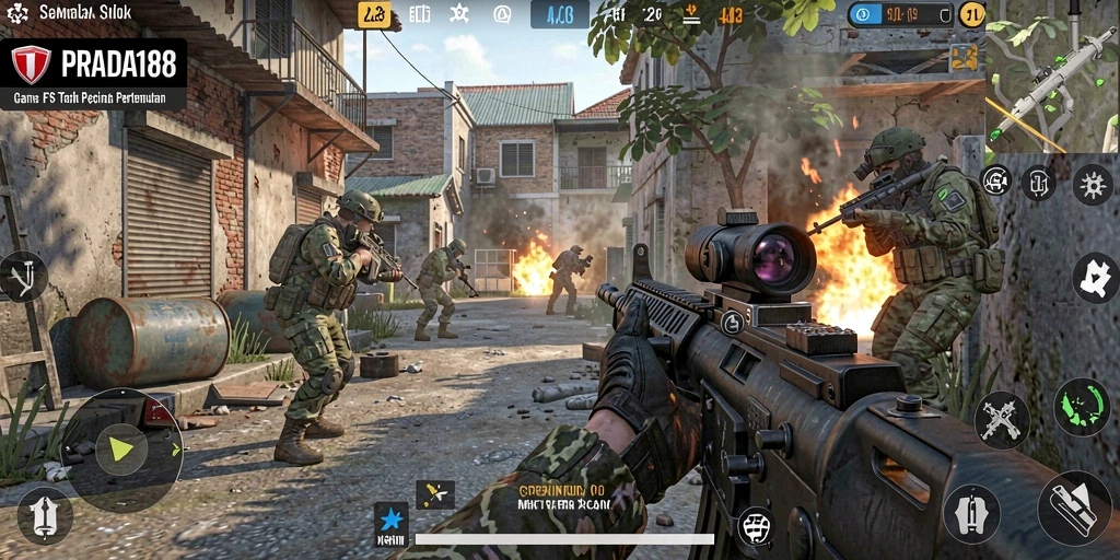 Screenshot gameplay PRADA188 menampilkan aksi tembak-menembak yang intens.