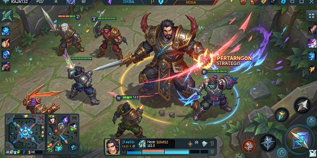 Screenshot gameplay RAJA132 menampilkan pertempuran seru di arena MOBA.