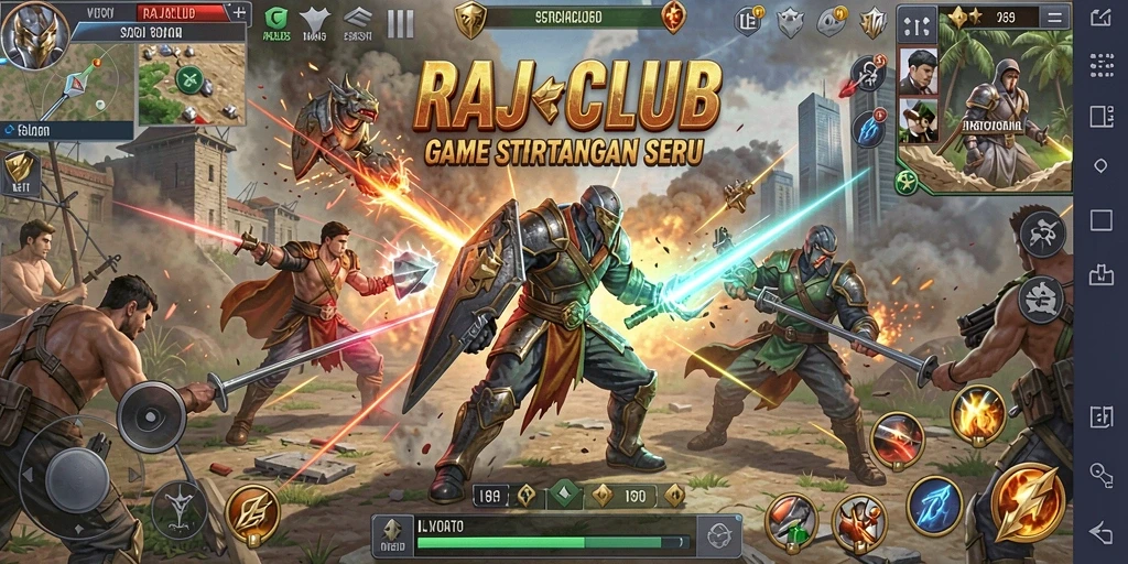 Menampilkan aksi pertempuran seru dalam gameplay RAJACLUB.