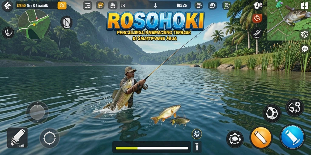 Screenshot gameplay ROSOHOKI menampilkan aksi memancing yang seru dan menantang.