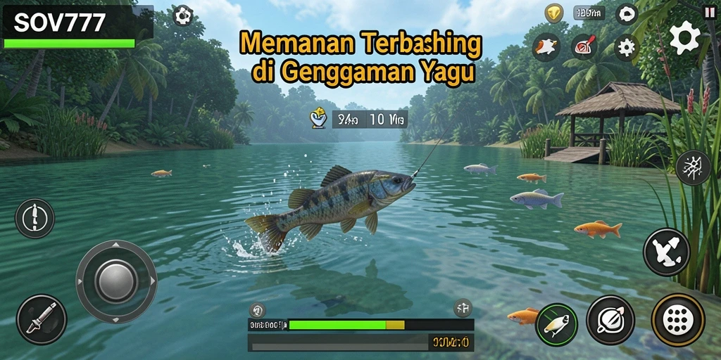 Screenshot SOV777 menampilkan aksi seru saat memancing ikan besar.